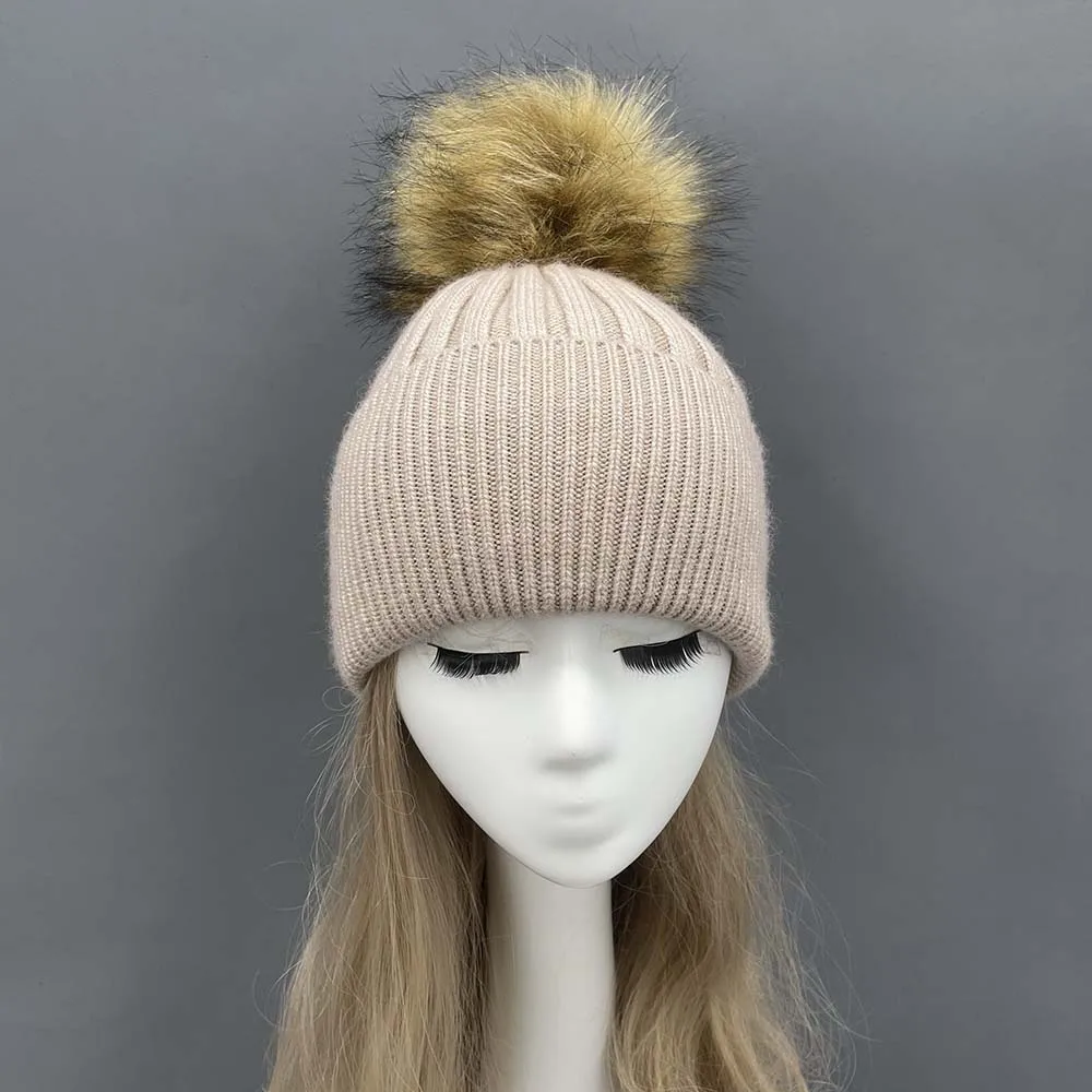 Women's Thick Warm Angora Knitted Beanie, Fake Fur, Pom Pom Hat, Cashmere, Durable, Stretch, Ladies Winter Bobble Hats