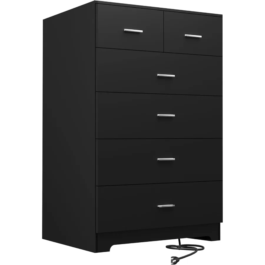 Wooden 6-Drawer Dresser with Integrated Power Outlets and Large Storage Organizer in Black Finish Tall Modern Chest of Drawers