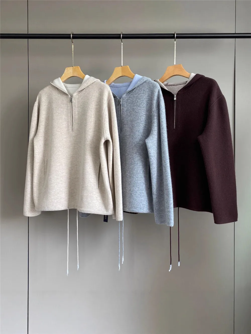 

25. осень/зима, новая контрастная толстовка с капюшоном на полумолнии, однотонный кашемировый вязаный женский повседневный пуловер