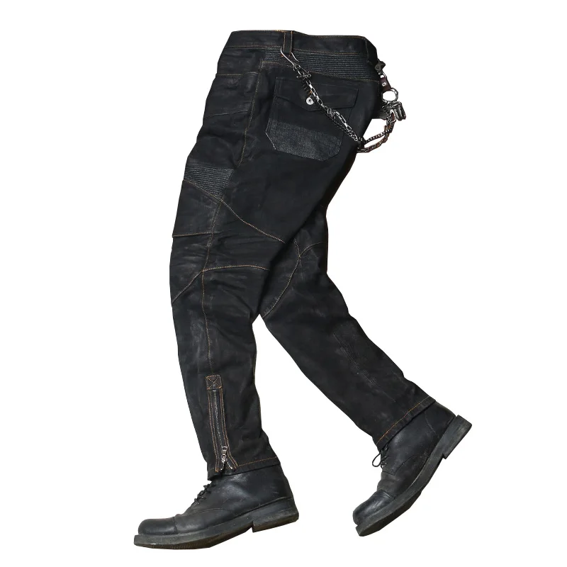 Black Autumn Leather Trousers Men Motorcycle Style Plus Size 4XL Genuine Natural Sheepskin Can Add Protection Device Pant