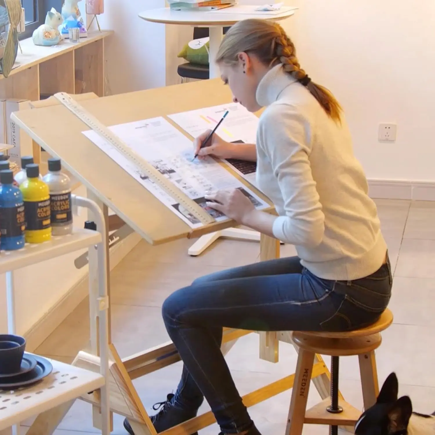 MEEDEN Wood Drafting Table & Stool Set,Artist Stool and Craft Table with Adjustable Height,Tiltable Tabletop for Artwork, Graphi