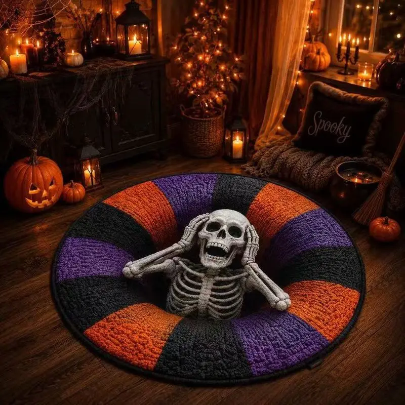 VIKAMA Halloween Round Rug Skeleton Tombstone Pumpkin Bat Print Decorative Non Slip For Living Room Bedroom Gaming Room Decor