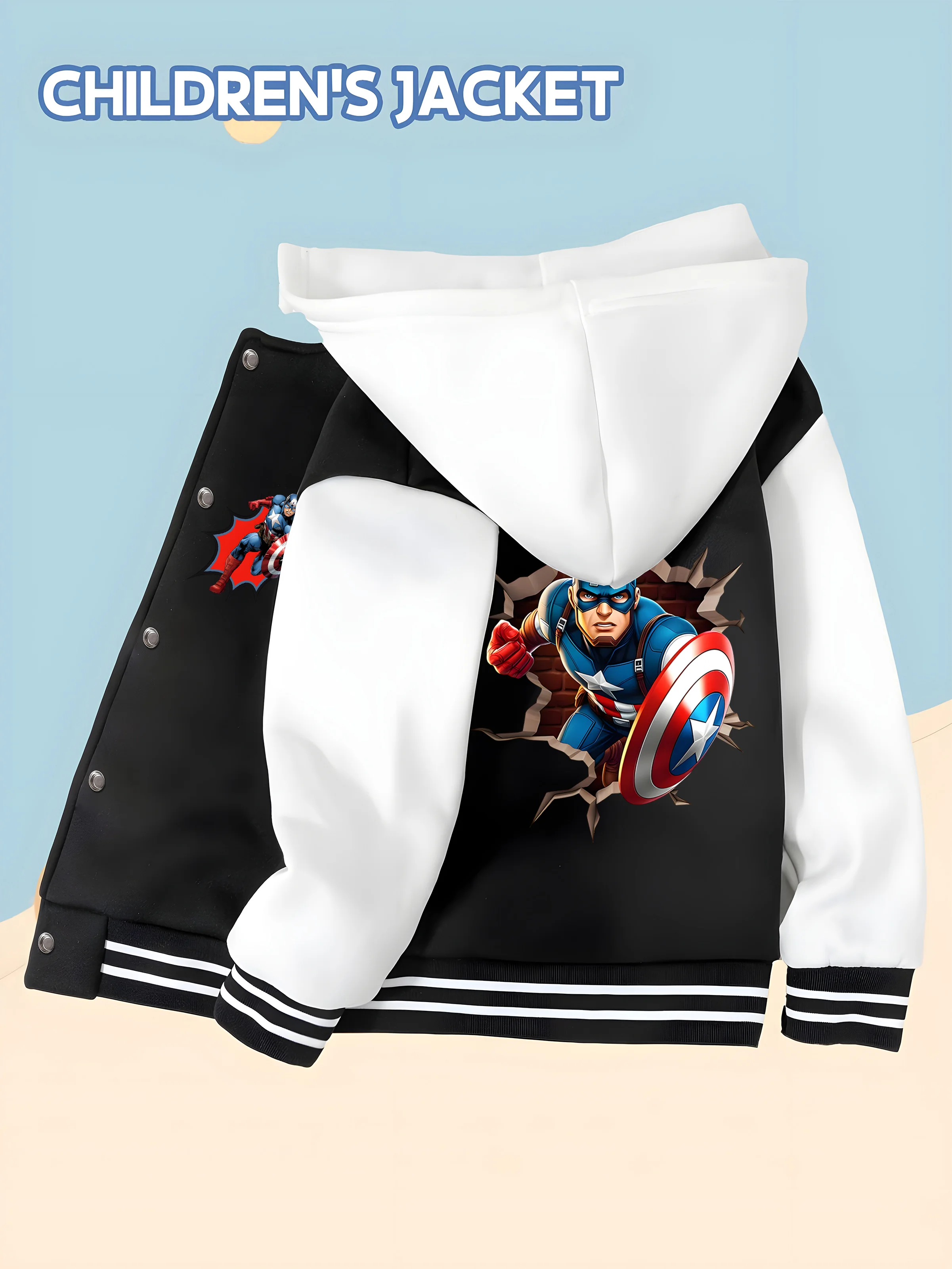 

MINISO Marvel Captain America Kids Baseball Jacket - Trendy black and white, soft and skin-friendly fabric, autumn and winter ca