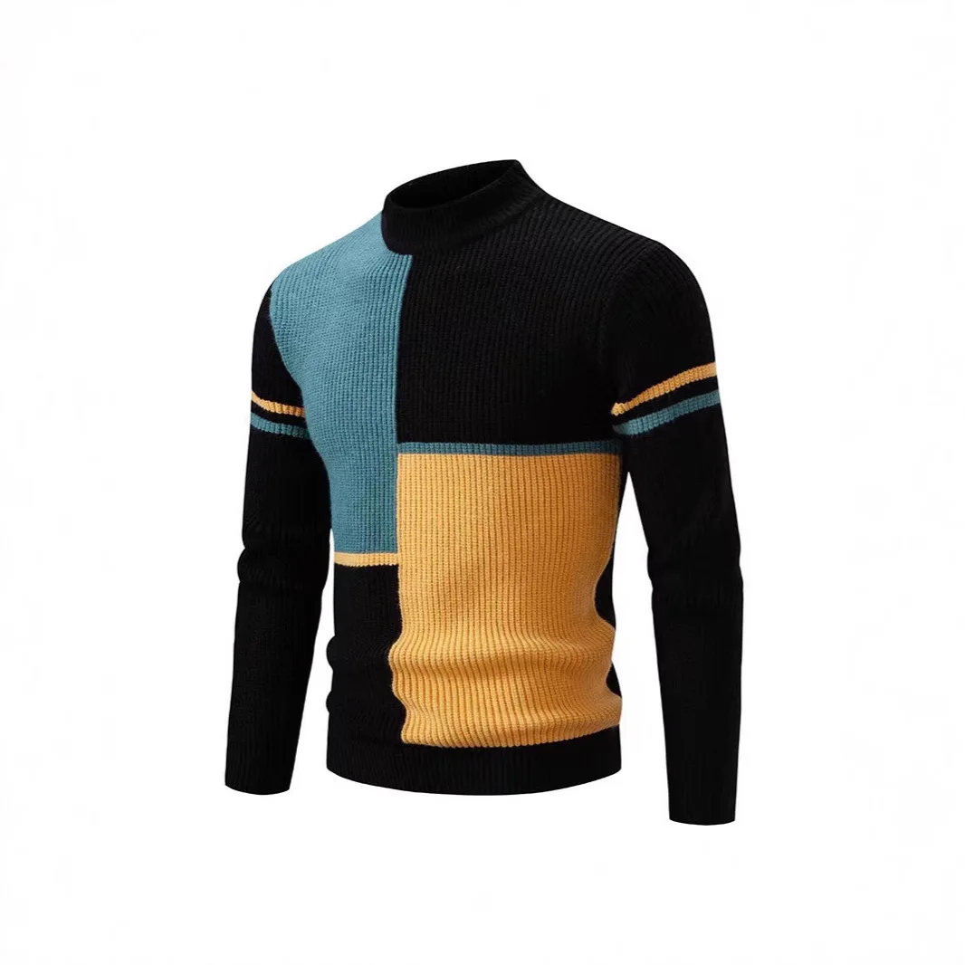 

2025 New Men Striped Color Block Round Neck Knit Sweater Autumn Winter Warm Casual Pullover Top Fashion