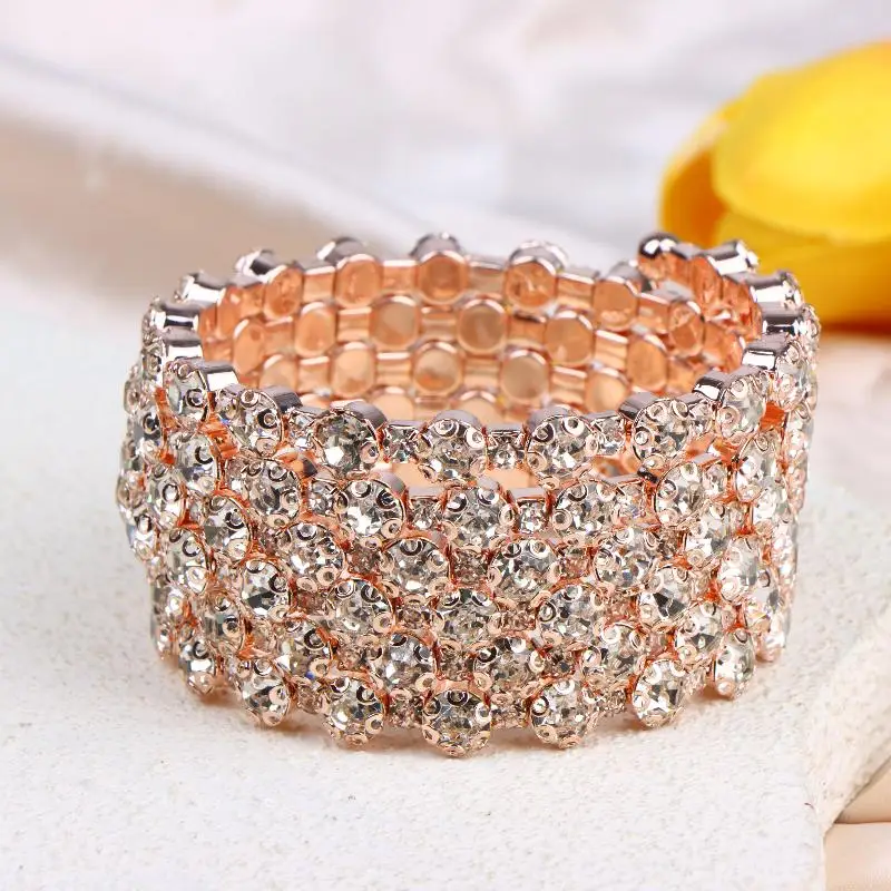 Adjustable 6 Layers Crystal Winding Bracelet Sparkling Rhinestone Open Cuff Bangle for Wedding Guest