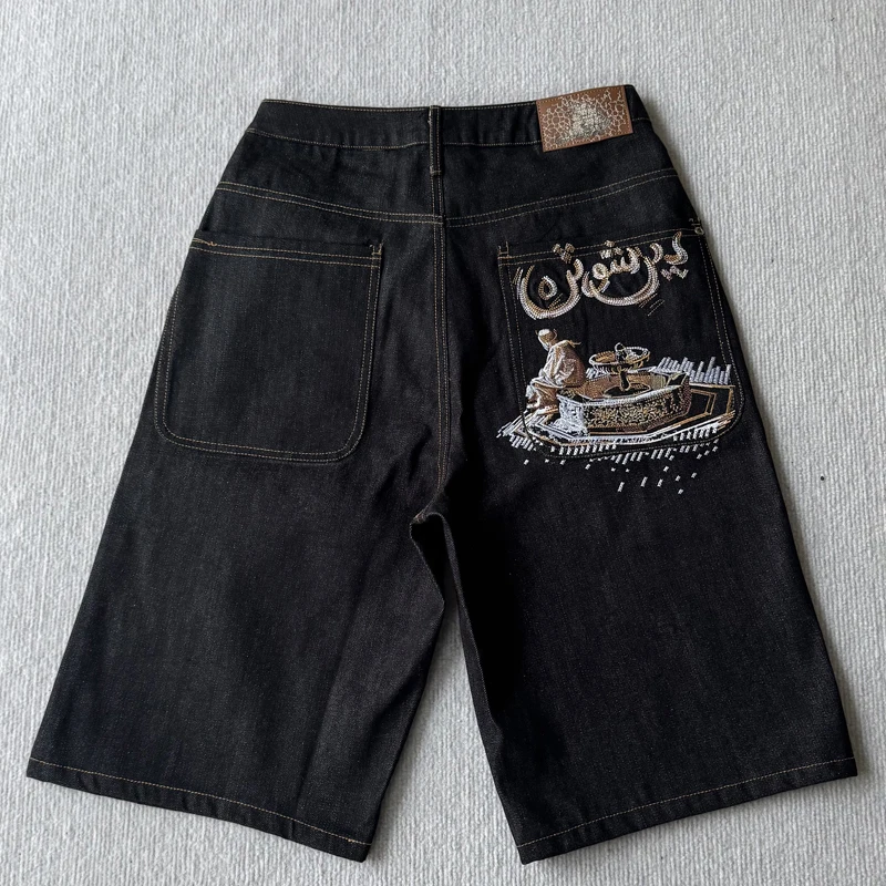 

High Street High-quality Real Photo Derchutze Denim Short-sleeved Embroidered Print Casual Men Jeans