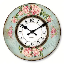 Retro romantic pink rose design light cyan wall clock, 10-16 inches, silent quartz, suitable for living room, bedroom, patio