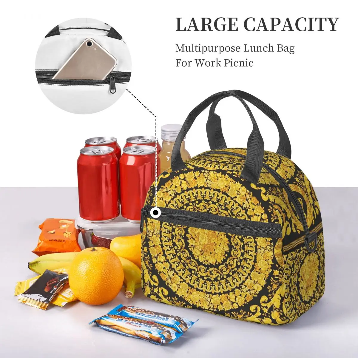 Decorative Golden Medallion Baroque Insulated Lunch Bag for School Picnic Storage Food Boxes Leakproof Cooler Thermal Lunch Box