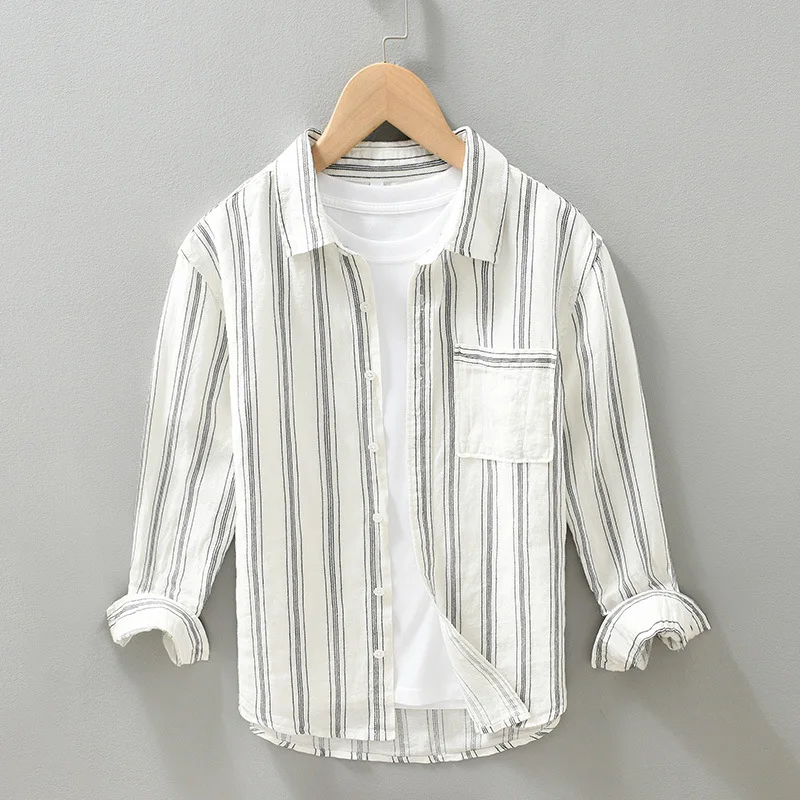 

Casual Loose Men's Long Sve Cotton Linen irt Artistic Sle Striped Pattern Spring Summer Fre Sle Faion Urban Wear