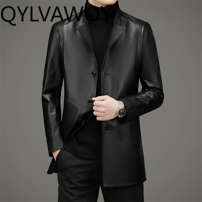 QYLVAWOY High-end Cowhide Real Leather Jacket Man Lapel Black Jackets for Man Mid-length Leather Coats Mens Winter Jackets 가죽점퍼
