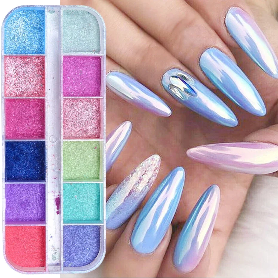 12 grilles Aurora miroir poudre Nail Art paillettes irisées Chrome poussière effet métallique Gel vernis sirène frottant Pigment décor *