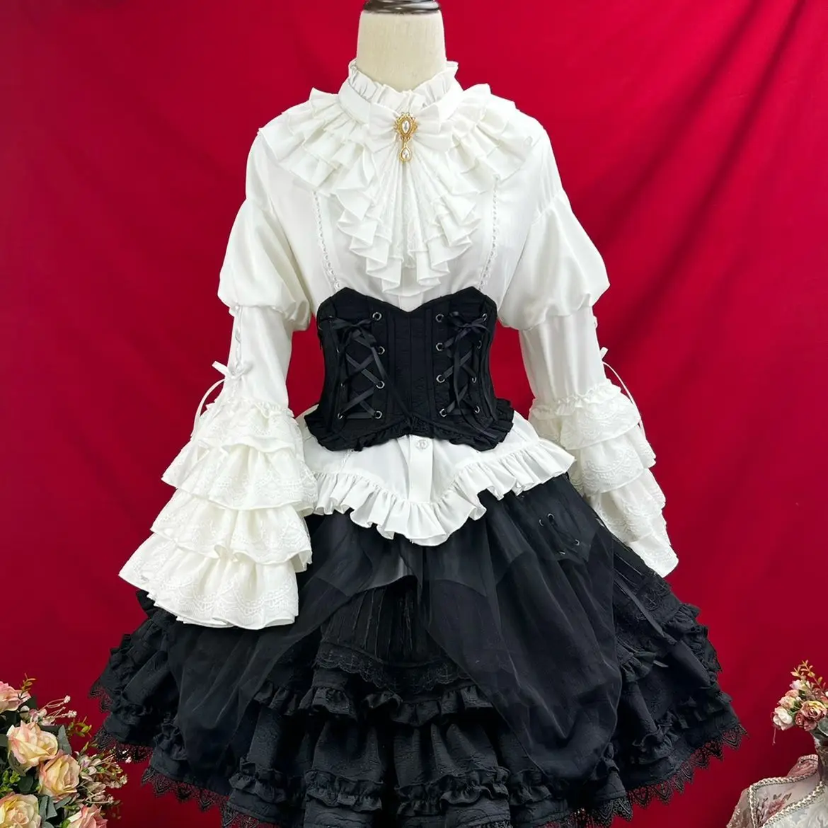 CoalfellLolita ريترو قصر نمط القوطية صديقة الأكمام البوق قميص نفخة تنورة مجموعة لوليتا كم طويل الأعلى