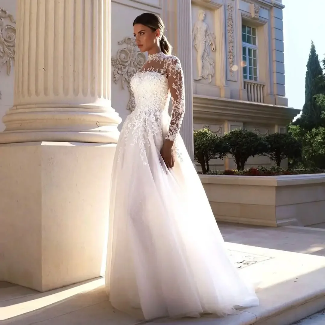 Customize Graceful To Measures Long Sleeve Lace Appliques Bridal Gowns Stunning Robe De Maries Tulle For Women Elegant Robe