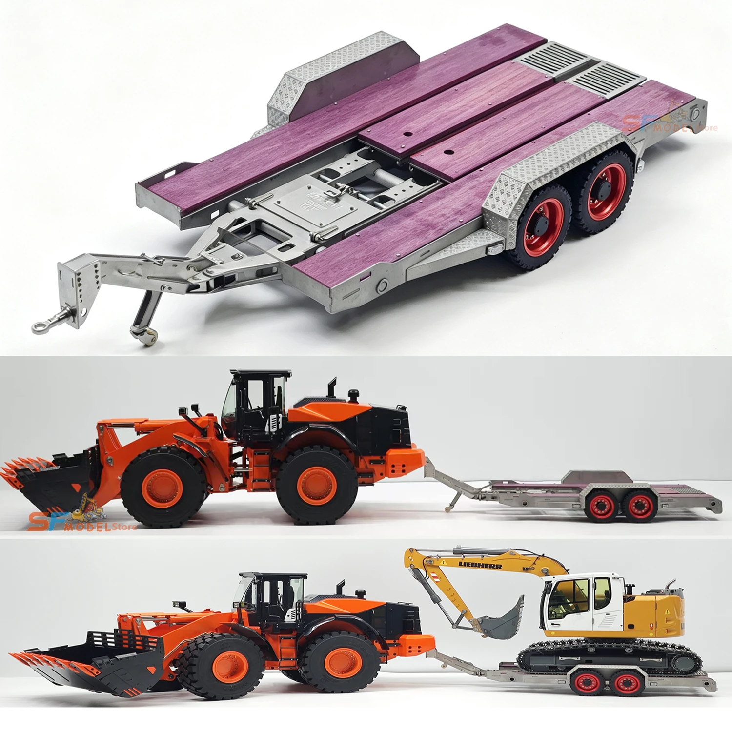 Multi-functional Flatbed Trailer with Dual-axle Adjustable Metal Trailer Suitable for 1/14 JDM 914 Excavator Climbing Truck