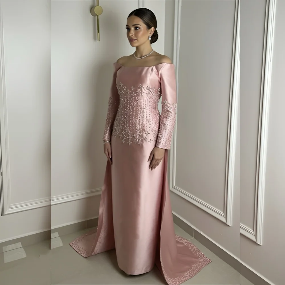 Customized Charmeuse Beading Off-the-shoulder Straight Long Dresses Bespoke Occasion Luxury Evening Dress Elegant Party Wedding