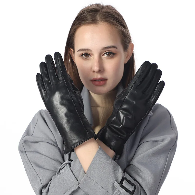 Fashion Women's Sheepskin Gloves Real Hair Inside Winter Warm Thickened Cycling Outdoor Leather