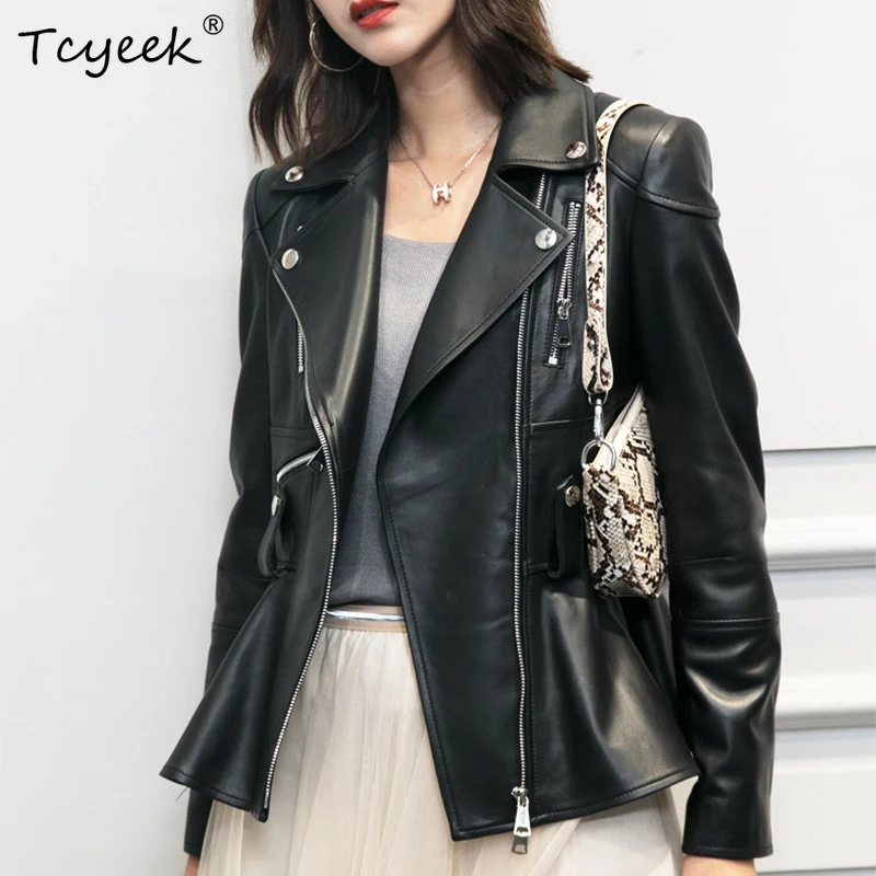 Women's Moto Biker Zipper Jacket Spring Medium and Long Sheepskin Slim fit Coat Office Lady Ruffles Lapel Genuine Leather Jacket