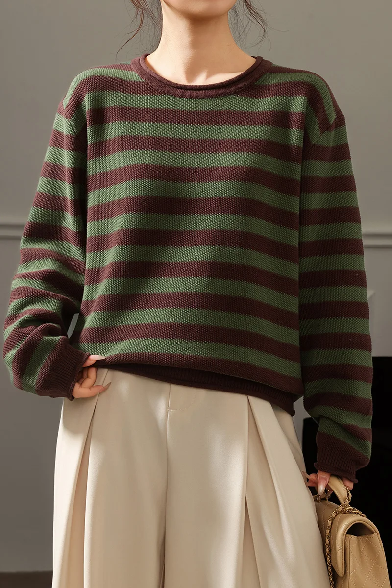 

Korean Style Ladies 100% Cotton O-neck Pullover Knit Striped Color Blocking Autumn Winter Sweater Causal Clothing New Top Soft