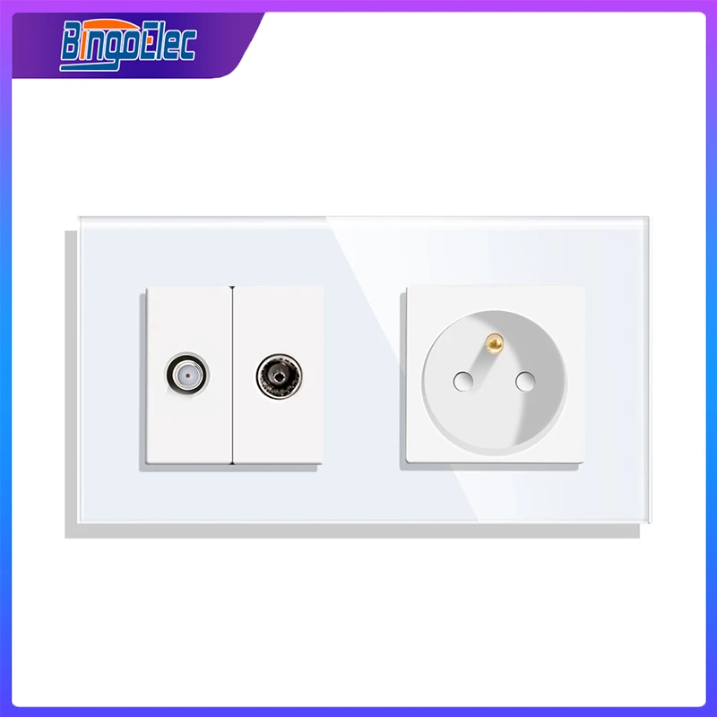 Bingoelec French Standard Wall Socket with TV ST Power Outlets Crystal Glass Panel Double FR Sockets White Black Golden Grey