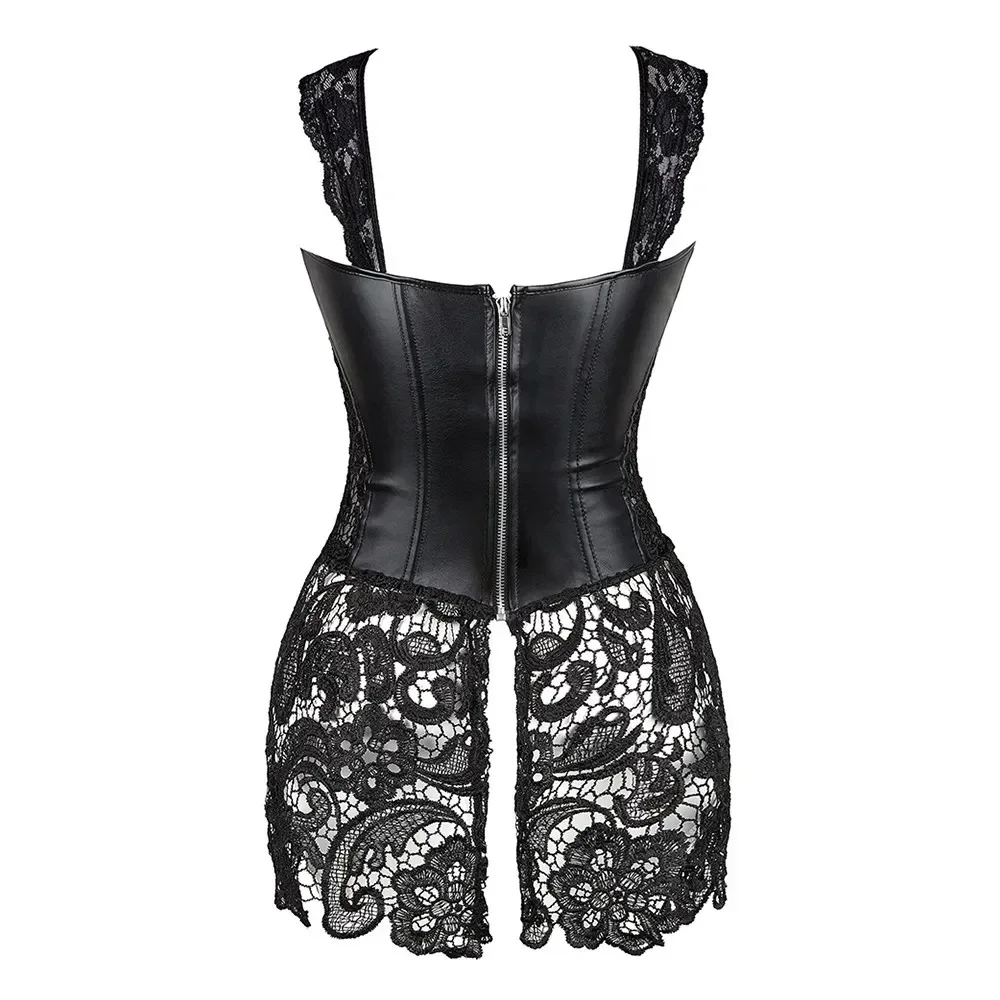 Women Faux Leather Corset Dress Gothic Punk Bustiers with Skirt Sexy Party Dressing Slim Shaper Corselet Costume