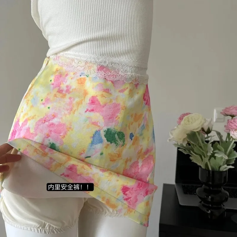 Womens Summer Satin Tie Dye Print Skirt Low Rise A Line Short Mini Skort With Lining