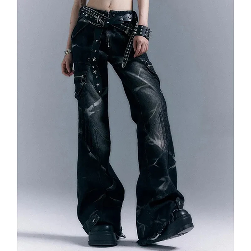 American Streetwear Grunge Flare Jeans Women Low Rise Riveted Gothic Vintage Denim Pants Harajuku Y2K Punk Slim Trousers