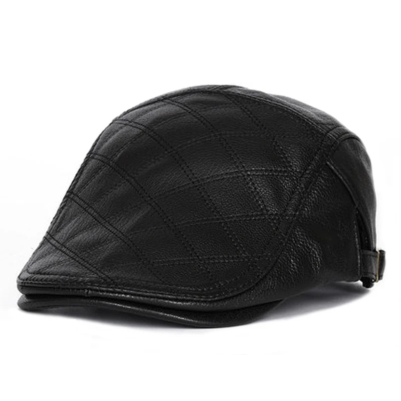 Genuine Leather Forward Hats Men Winter High Quality Sheepskin Adjustable Casual Checkered Embroidery Cool Berets Peaked Cap