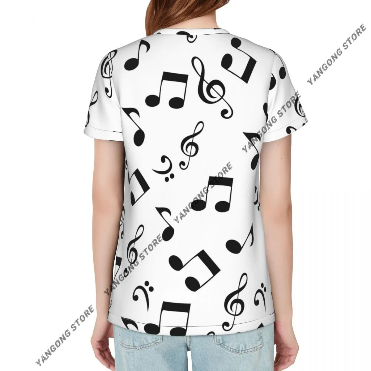 Women Short Sleeve Top Abstract Music Notes T-shirt Fashion Summer Female Tops Loose Round Neck T Shirt