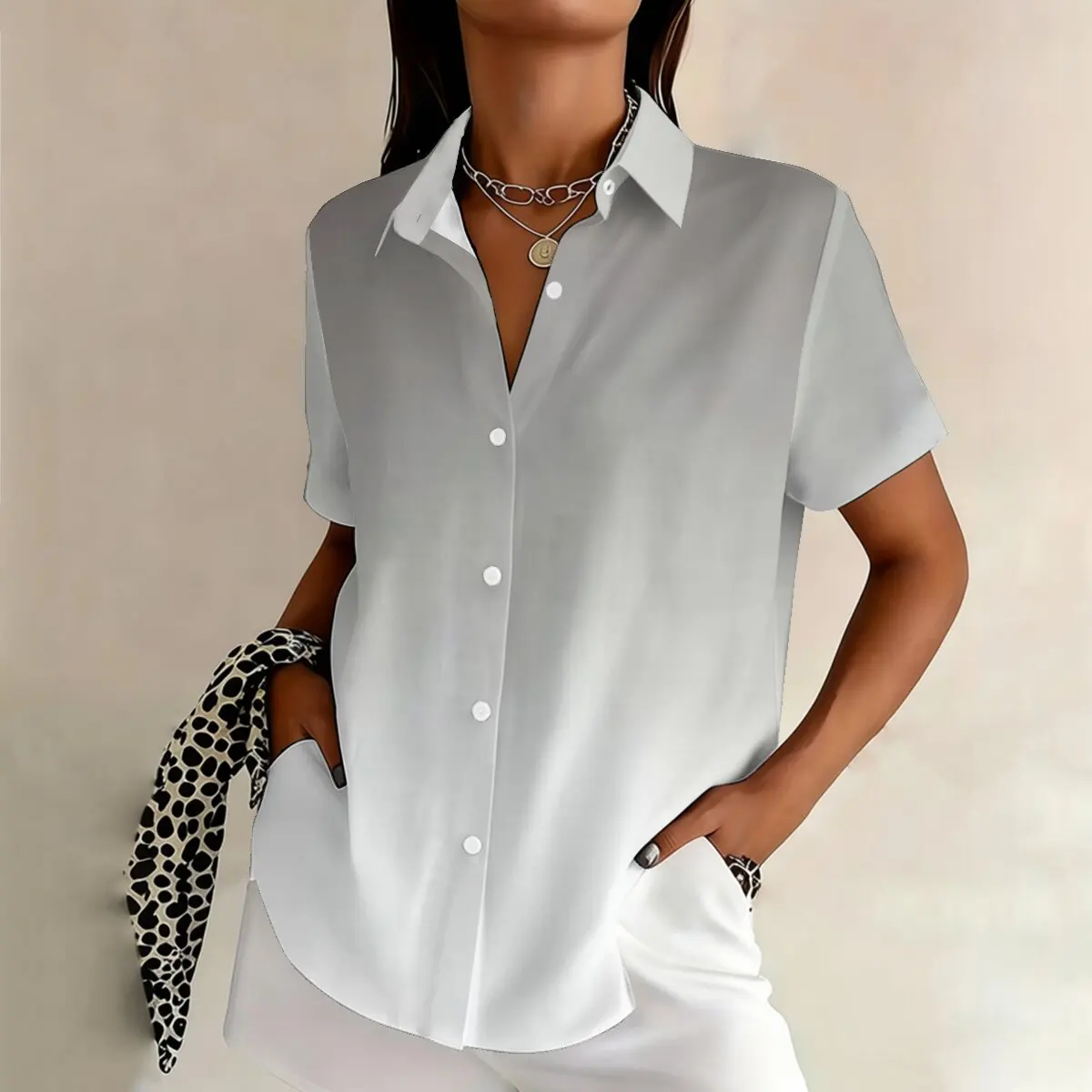 

Simple and personalized light color gradient print summer women's plus size lapel short sleeved shirt, daily versatile top