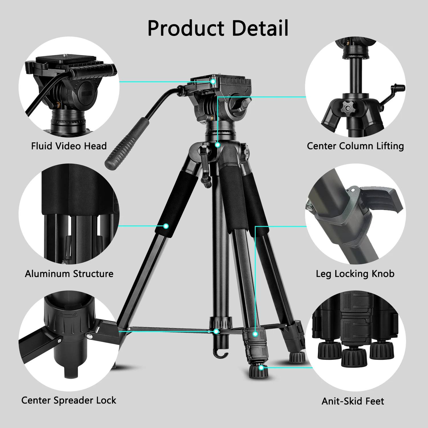 Видеоштатив, сверхмощный штатив 175 см/68,9 дюйма с жидкостной головкой на 360 градусов и быстросъемной пластиной для зеркальных фотокамер, видеокамер, камер