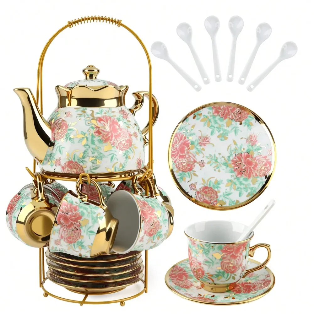 

European Porcelain Tea Set With Metal Stand Green Floral Painting Elegant Tea Service Gift For Adults, Ideal For Spring Outing,