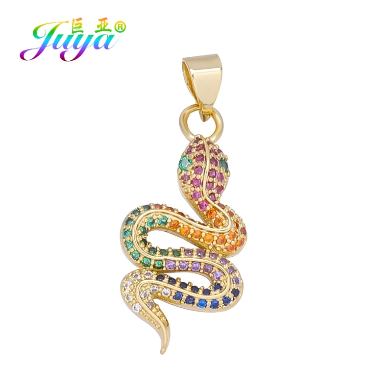 Juya Handmade Luxury Rainbow Zirconia 18K Gold Plated Decoration Snake Charms For DIY Fashion Talisman Jewelry Making Supplies