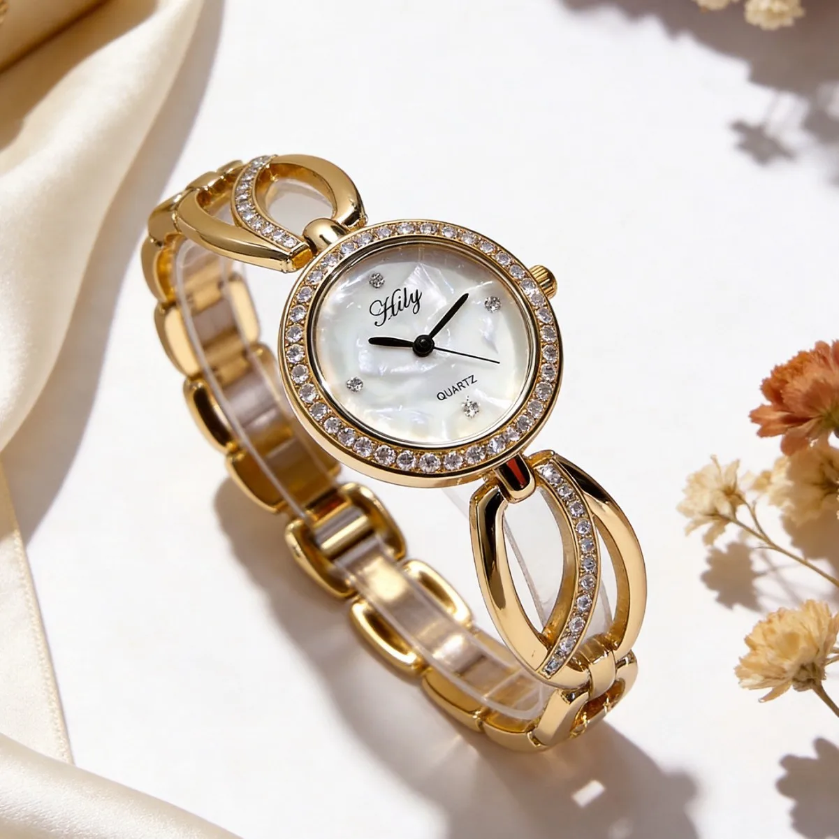 KAIRIS Women's Gold Tone Quartz Watch Crystal Bezel Elegant Bracelet Wristwatch Mother of Pearl Dial Jewelry Watch Gift