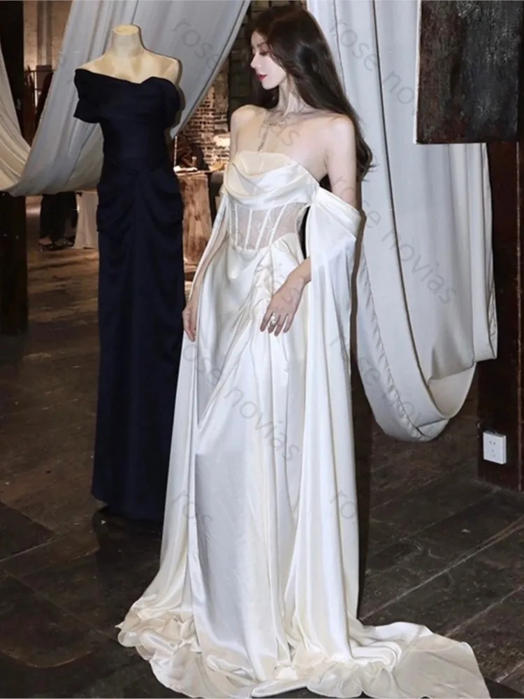 

High Quality Custominzed Sexy Strapless Satin Lace Adult Ceremony Dress Light Luxury Toast White Satin Tube Top Evening Dresses