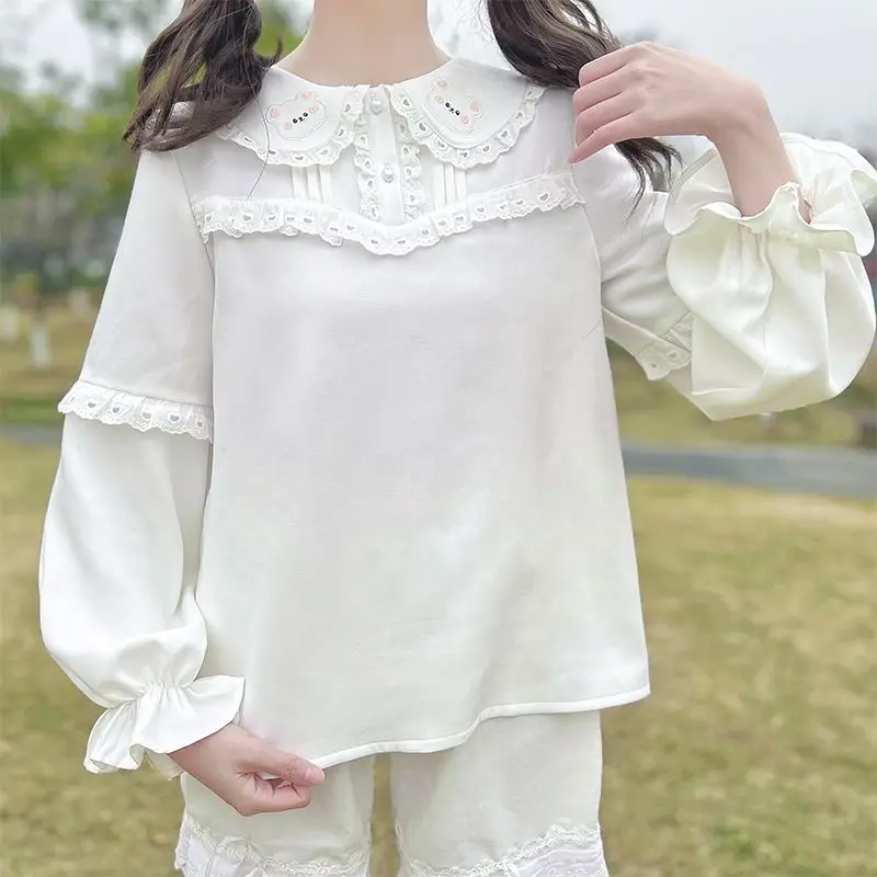 Kawaii لوليتا بلايز المرأة الحلو بلوزة جماليات طويلة الأكمام Harajuku قميص أنيق عادية تيز نفخة الأكمام الخريف الملابس