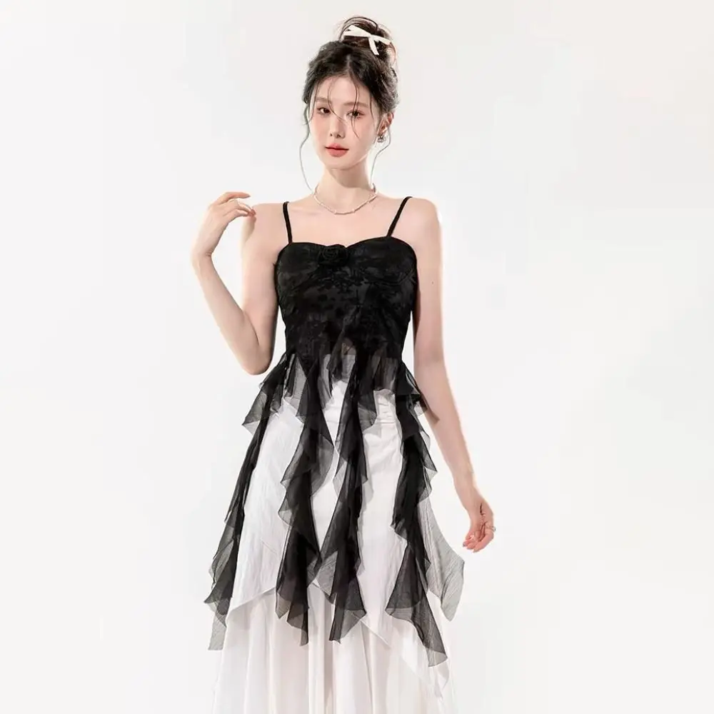 

Transparent Lace Tassel Camisole Ruffled Edge Flower Mesh Slim Crop Top Beachwear Spicy Girl Style Sleeveless Top Women Club