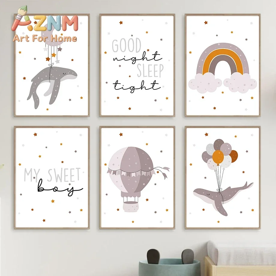 Whale Moon Hot Air Balloon Rainbow Sleep Animal Poster Nursery Wall Art Print Canvas Painting Modern Baby Kids room Home Decor