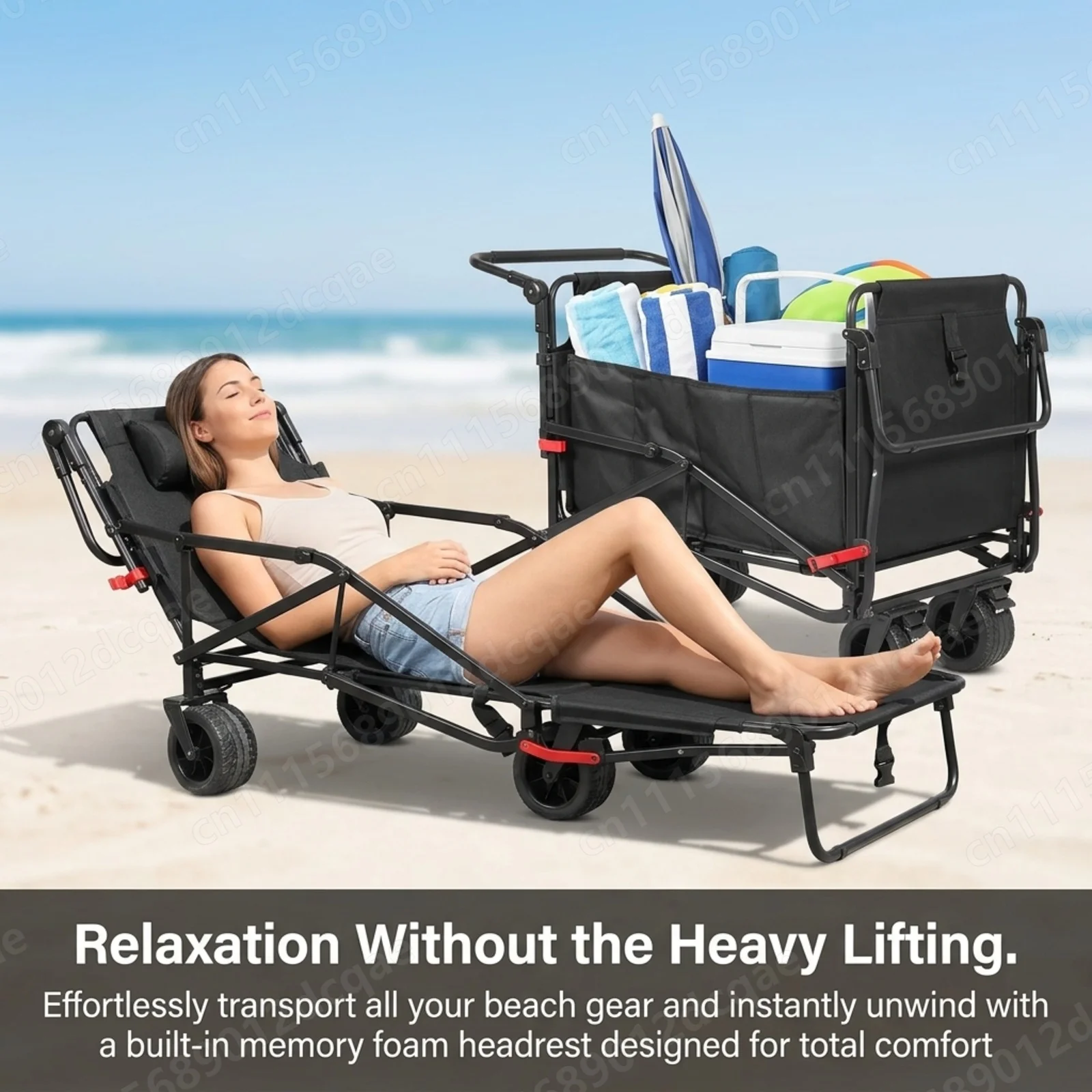 2-in-1 All-Terrain Beach Wagon and Folding Lounge Chair, Heavy Duty Utility Cart with 6.75 Inch Off-Road Wheels