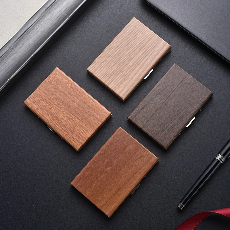 

Custom LOGO Wood Grain Business Stainless Steel Card Holder Men's and Women's Metal Ultrathin Anti Demagnetization Bank Cardcase