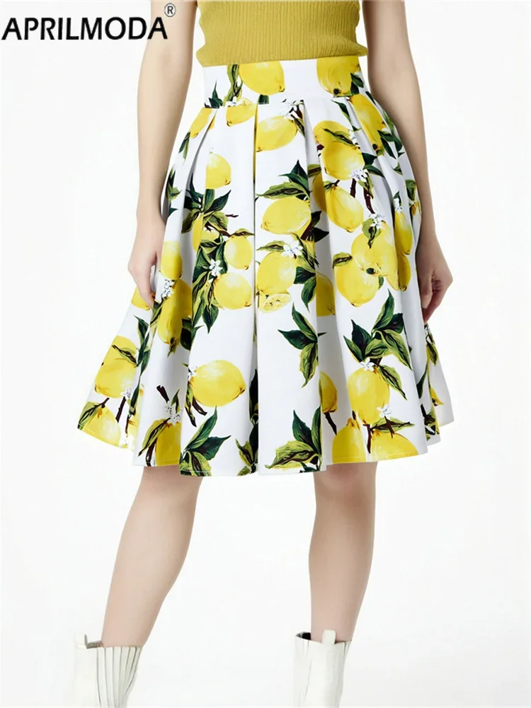 Lemon High Waist Hepburn 50s Style Costume Cosplay Dance Skirts White Yellow Print Short Pleated Vintage Casual Skirt No Pocket