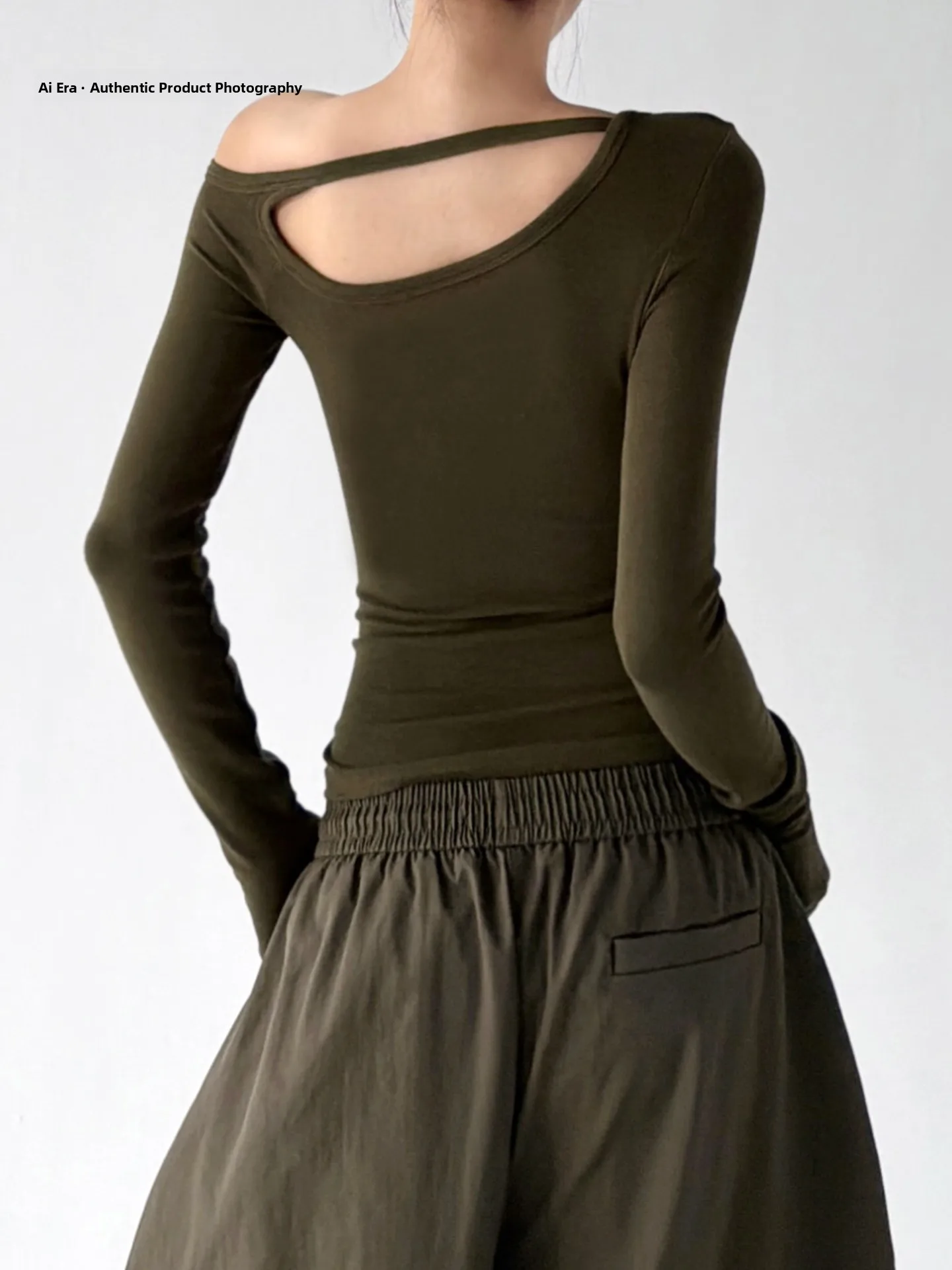 Slim Fit Long Sleeve Hollow out Shoulder T-Shirt Women's Fashionable Base Layer Top Comfortable Soft Cotton Knitted Short Length