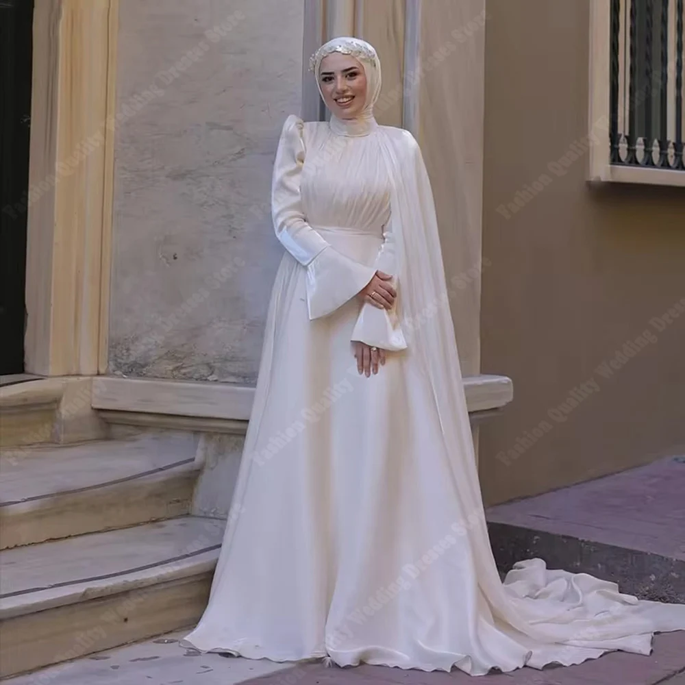 Romantique A-ligne Blanc Robes De Mariée Musulmanes Robes De Fiesta Manches Longues Robes De Bal Boule De Gaze فساتmaveraPersonnalisé 2025
