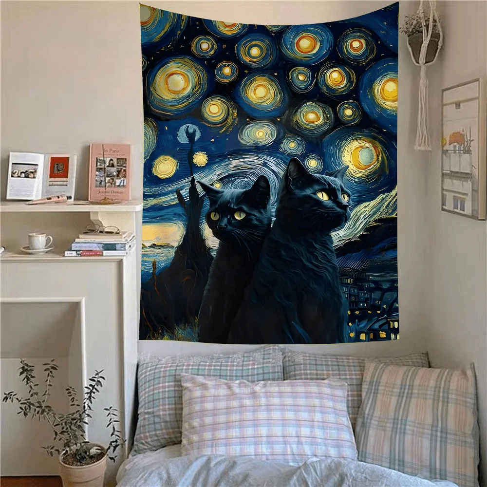 Starry Night Cats Tapestry: Artistic and Mystical Wall Art for a Magical, Enchanting, and Uniquely Charming Decor Statement