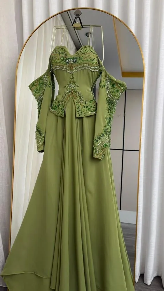 Customized Green Jersey Appliques Off Shoulder Mother Of The Bride Gown Long Sleeve Beaded Mermaid Formal Evening Party Dress