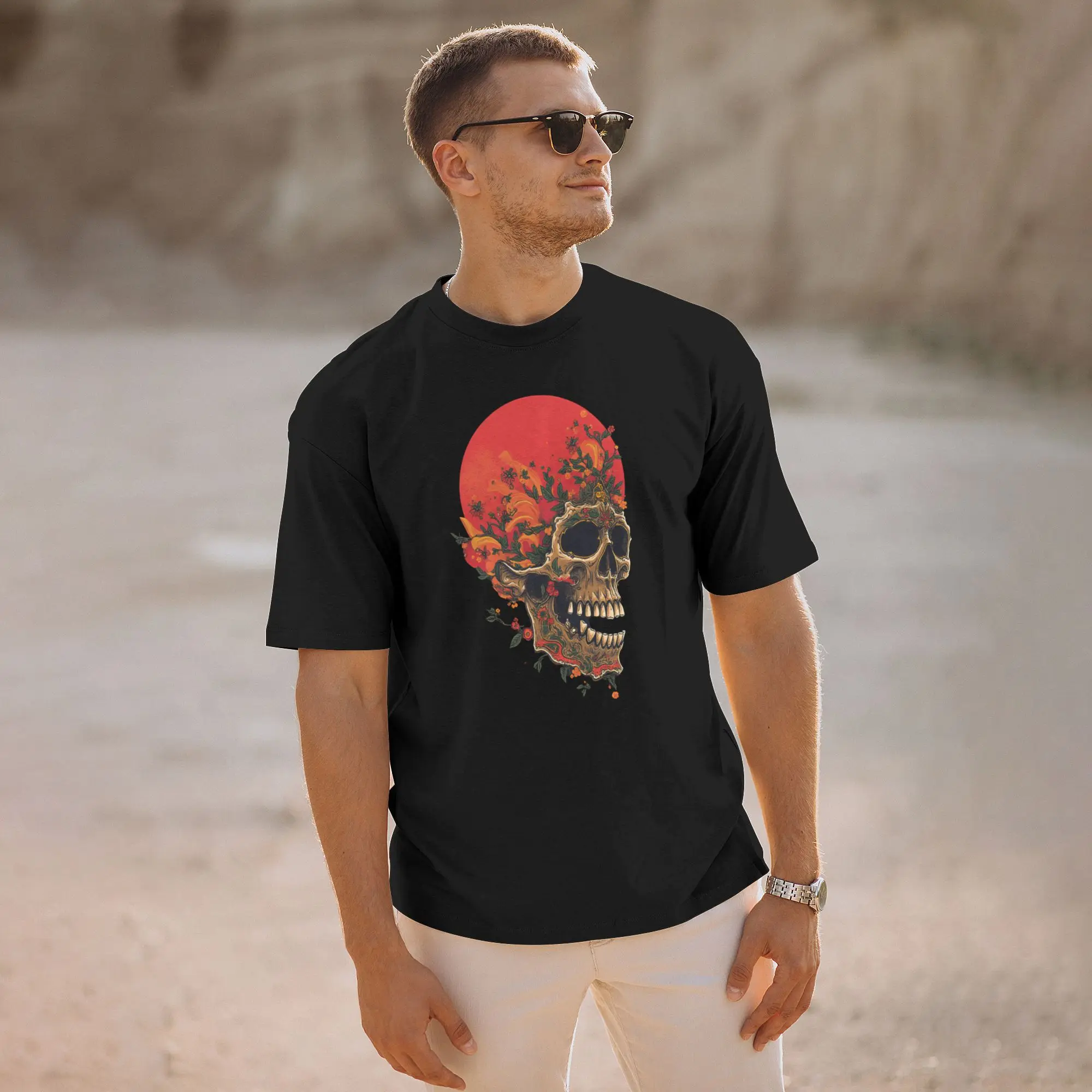 Skull Adorned With Flowers And Foliage Men T Shirt  Funny Tee Shirt Short Sleeve Round Neck T-Shirts 100% Cotton Adult Tops