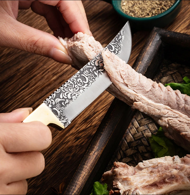 Forged Boning Meat Cleaver Knife Stainless Steel Mongolian Kitchen Hand Meat Fruit Knife Roasted Lamb Steak Knife with Cover