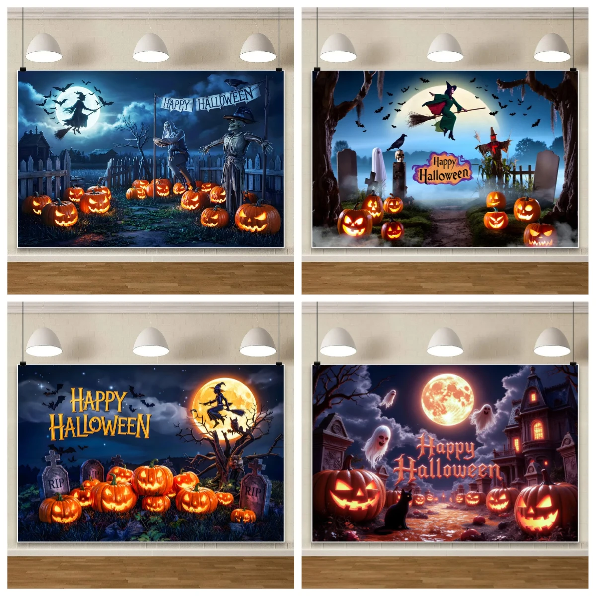 

Happy Halloween Party Decor Background Graveyard Pumpkin Lights Witch Broom Halloween Eve Moon Horror Theme Photography Backdrop
