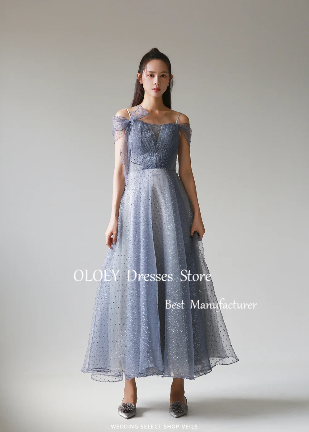 OLOEY Fairy Blue Glitter Long Prom Dress Korea Wedding Photoshoot Silky Organza Party Dress Corset Back Ankle Length Custom Made