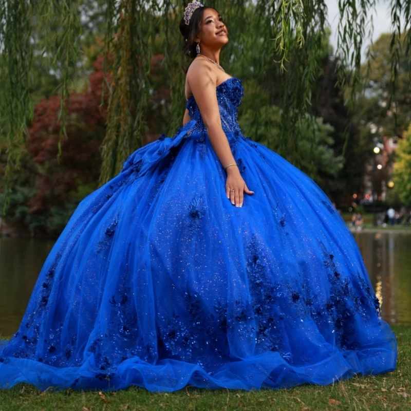 فساتين Quinceanera باللون الأزرق الملكي اللامع قبالة الكتف مزين بالدانتيل والخرز القوس تول حفلة عيد ميلاد حلوة 16 فستان Vestidos 15 #2