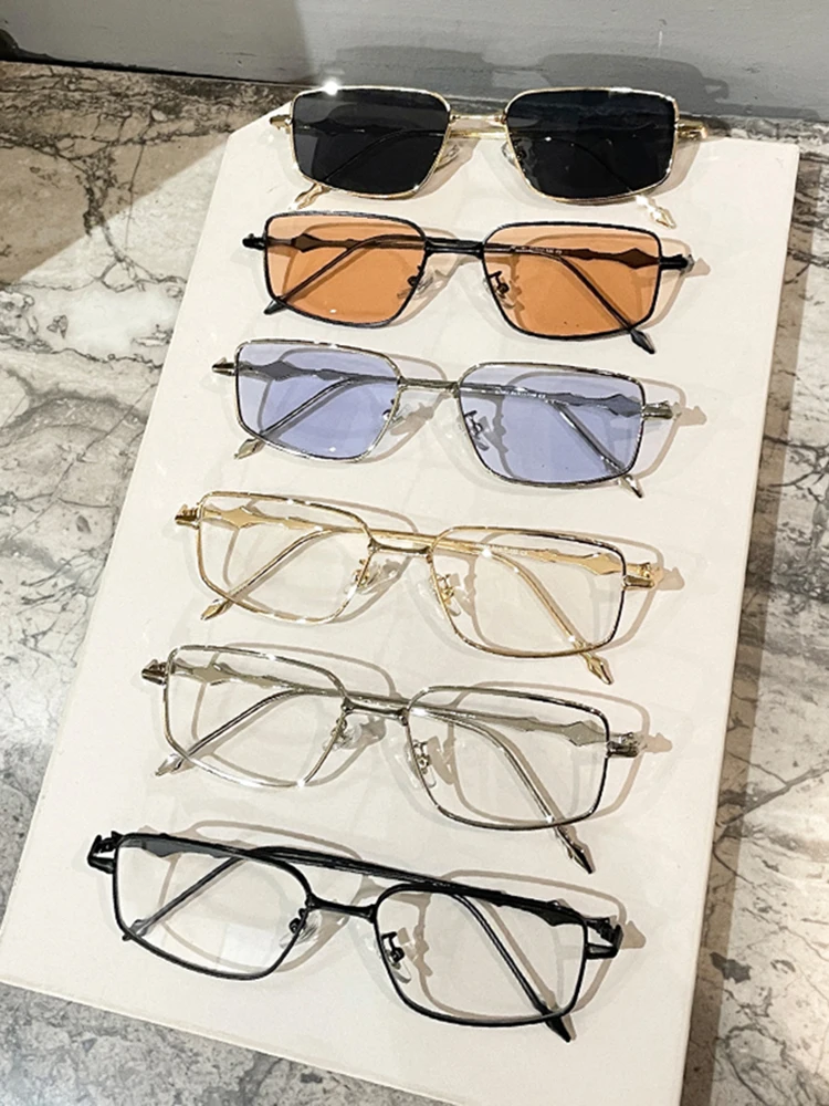 Rectangle Sunglasses Vintage Metal Glasses Frame Women Clear Shades Luxury New Blue Lens Sun Glasses Men Square Eyewear Uv400